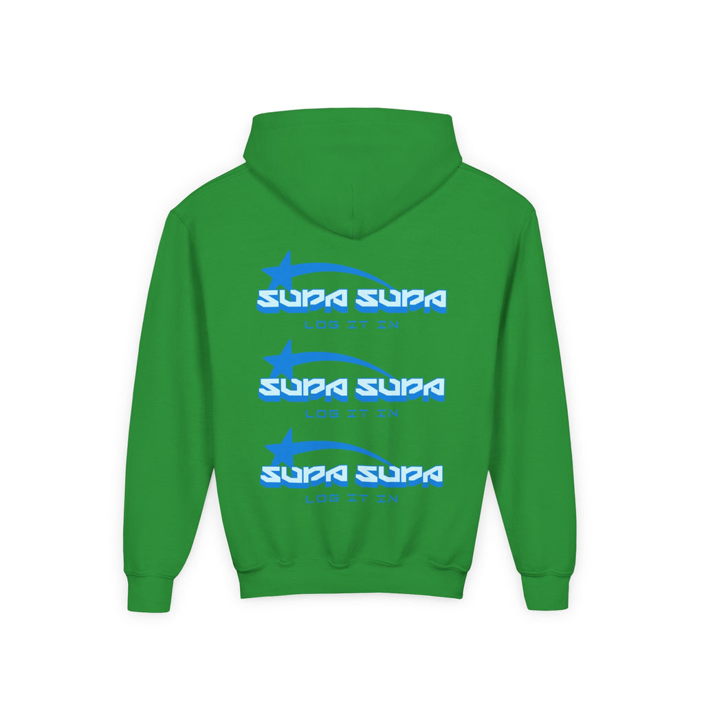 Youth Hoodie - Retro Blue "Supa Supa" Logo "Log It In" Graphic
