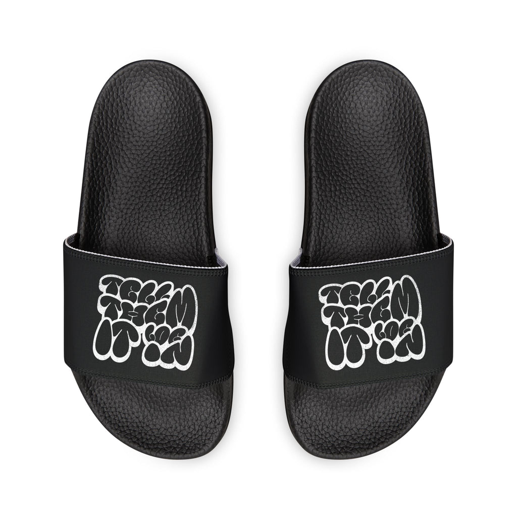 Slide Sandals — Men’s Black Strap Slides with White "LOG IT IN "Graffiti Text